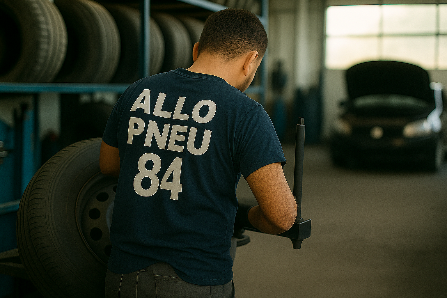 Mécanicien Allo Pneus 84 travaillant sur un pneu